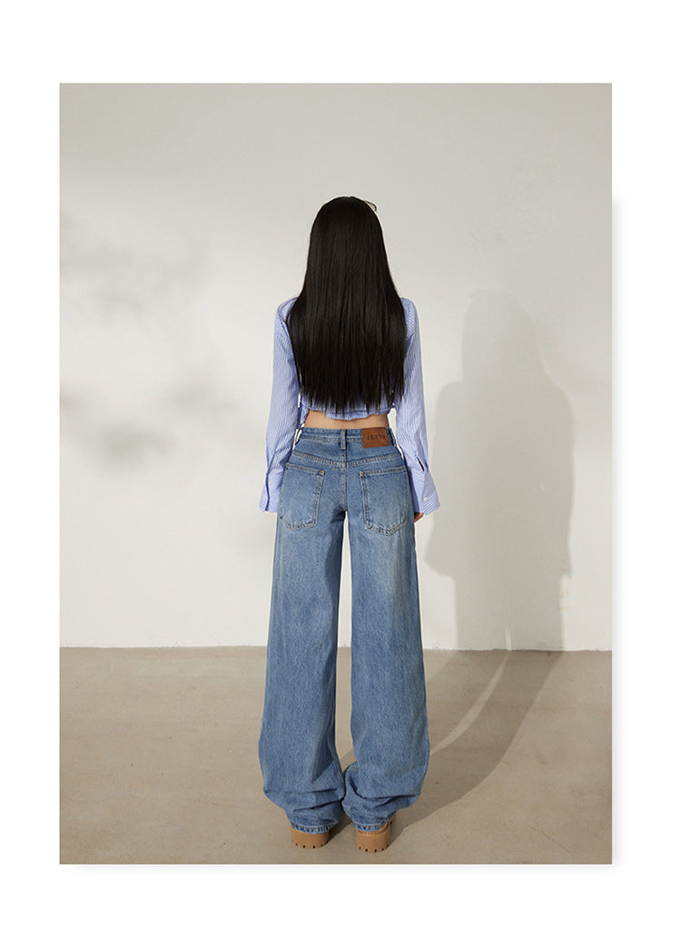 Retro Washed Wide-Leg Jeans for Women, Autumn New Low-Waist Straight Loose Design, Slimming Floor-Length Pants