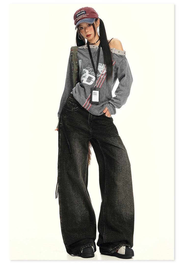 American Retro Wide-Leg Jeans for Women 2025 Early Autumn New Design Distressed Slimming Straight-Leg Floor-Length Pants