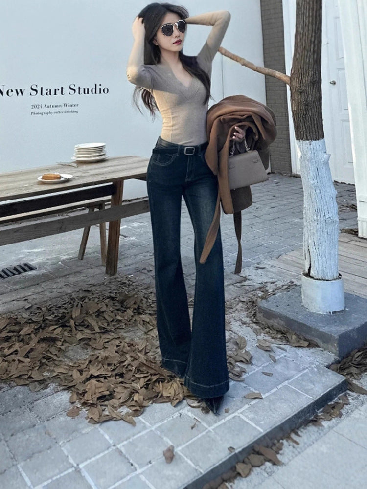 American Retro Flared Jeans for Women, Spring New Slim Fit Low-Rise Straight Cigarette Flared Pants Trendy
