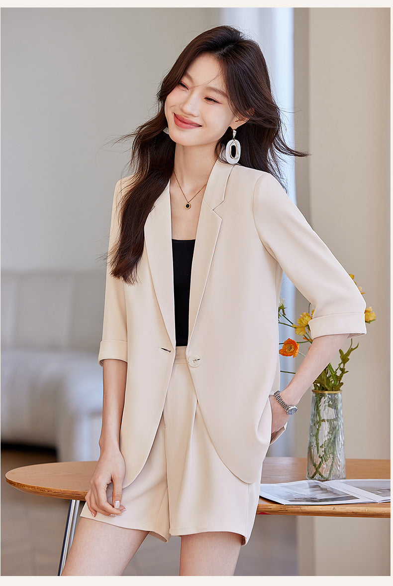 Blue Mid-Sleeve Chiffon Suit Jacket for Women 2025 New Summer Thin Style Fashionable High-End Shorts Suit
