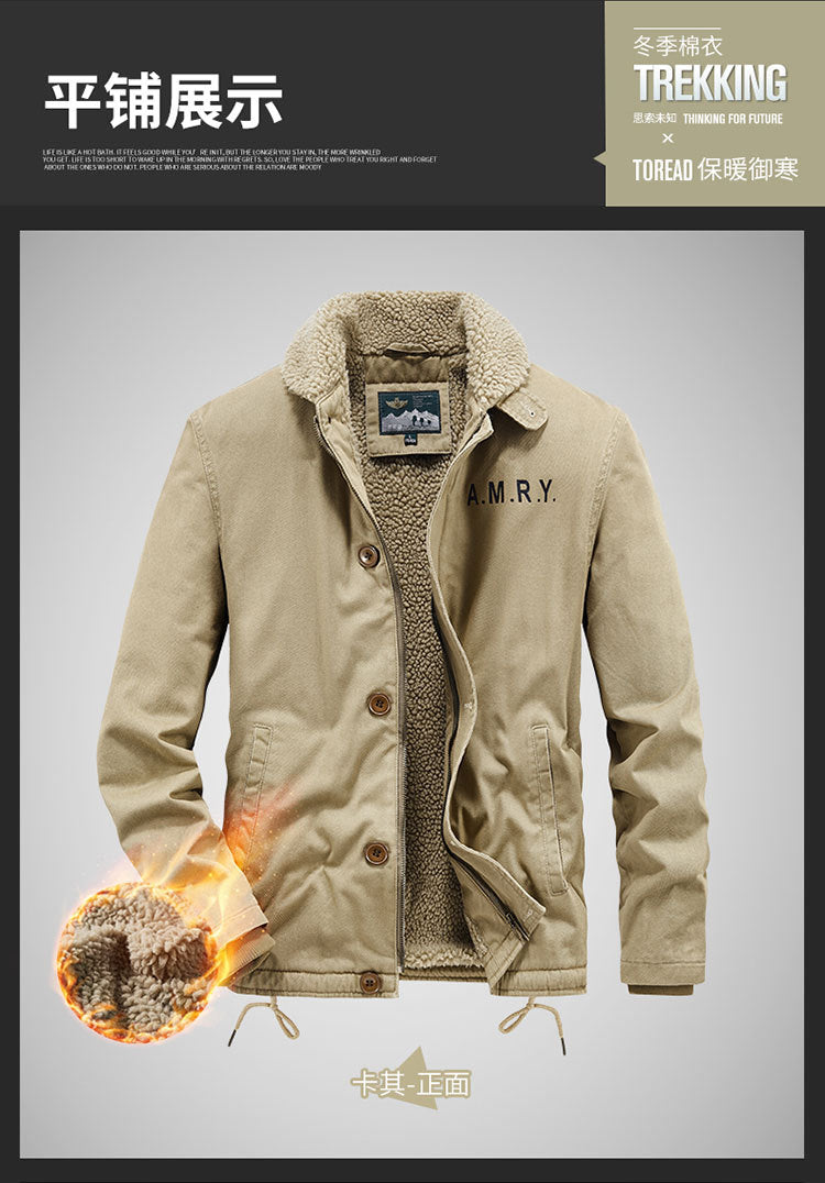 Winter fleece-lined Thickened Cotton-padded Clothes Men's Warm Crock Jacket Youth Wool Collar Retro Casual Cotton-padded Jacket Men's 2188