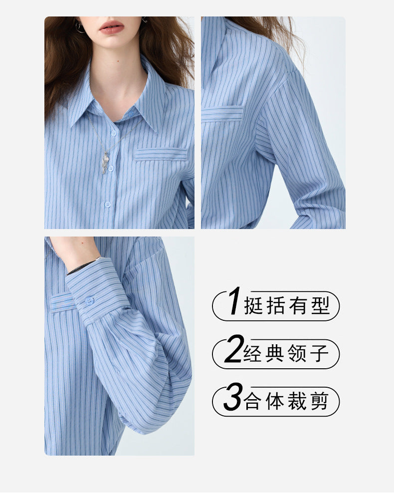 Light Workplace Blue Striped Long-Sleeved Shirt for Women, Spring and Autumn Design Professional Shirt, Commuting Versatile Top