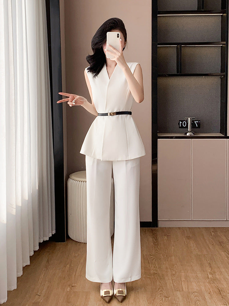 Fashion Casual suit 2025 New High-end Temperament Slimming Waist Sleeveless Jacket Straight Pants Two-piece Set