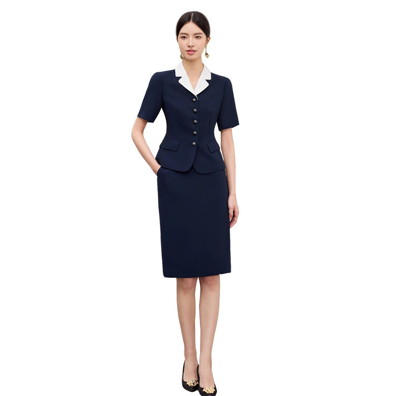 Summer New Navy Blue Short-Sleeved Professional Suit Suit Color-Blocked Suit Collar Single-Breasted Slim Slim Work Clothes