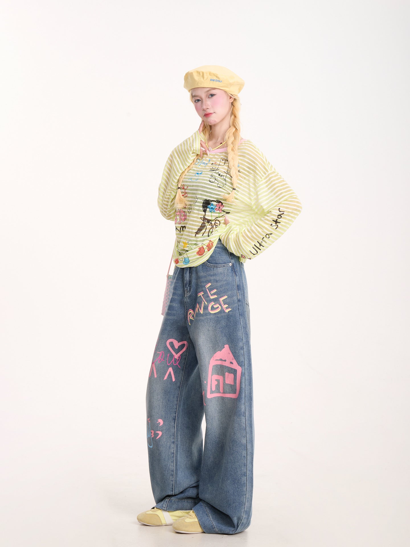 American Graffiti Print Jeans for Women, Trendy Retro Washed Straight Pants, Loose Casual Drape Versatile Casual Pants