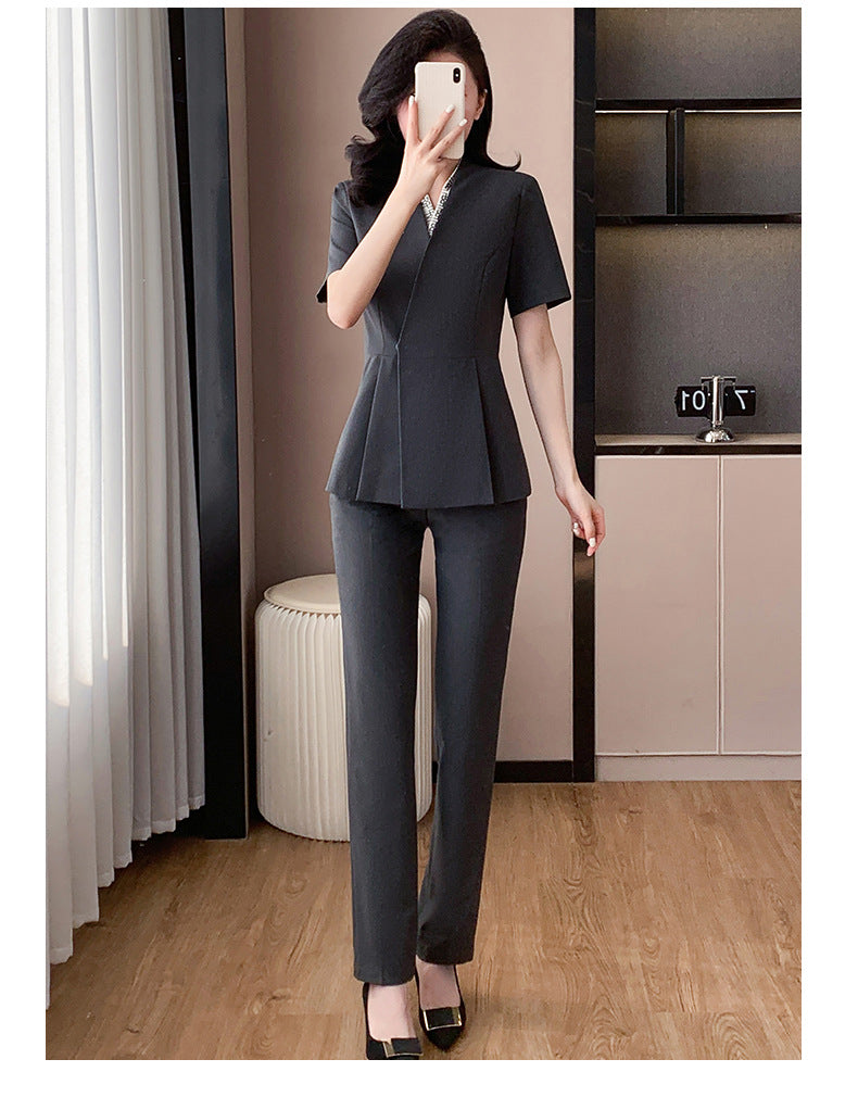 Blue Suit Jacket Women's Spring and Summer Short-sleeved Jewelry Store Front Desk Business Dress Dress Waist Tight Beauty Salon Suit suit