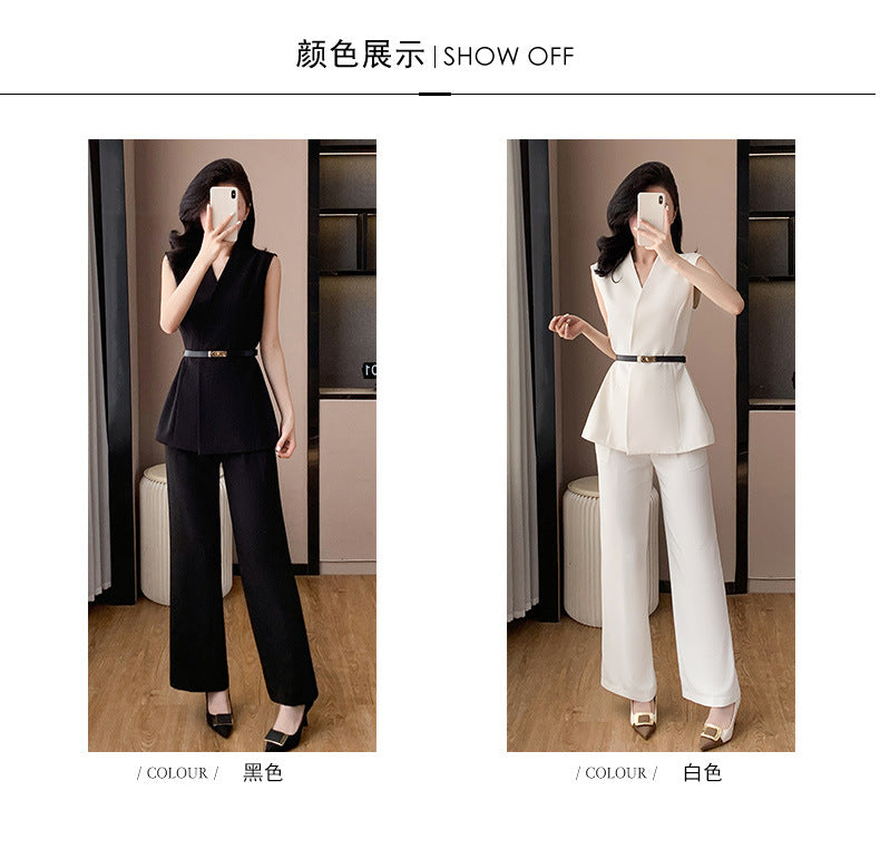Fashion Casual suit 2025 New High-end Temperament Slimming Waist Sleeveless Jacket Straight Pants Two-piece Set