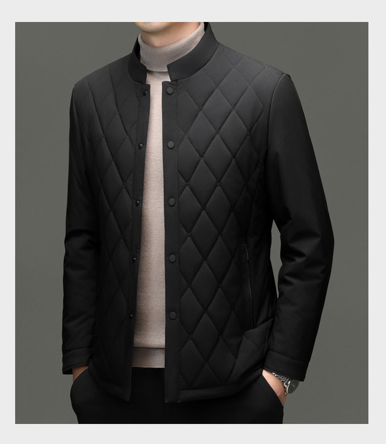 Men's Stand Collar Diamond Pattern Cotton Jacket Autumn and Winter Business Casual Warm Jacket Young and Middle-Aged Fashion Single-Breasted Top