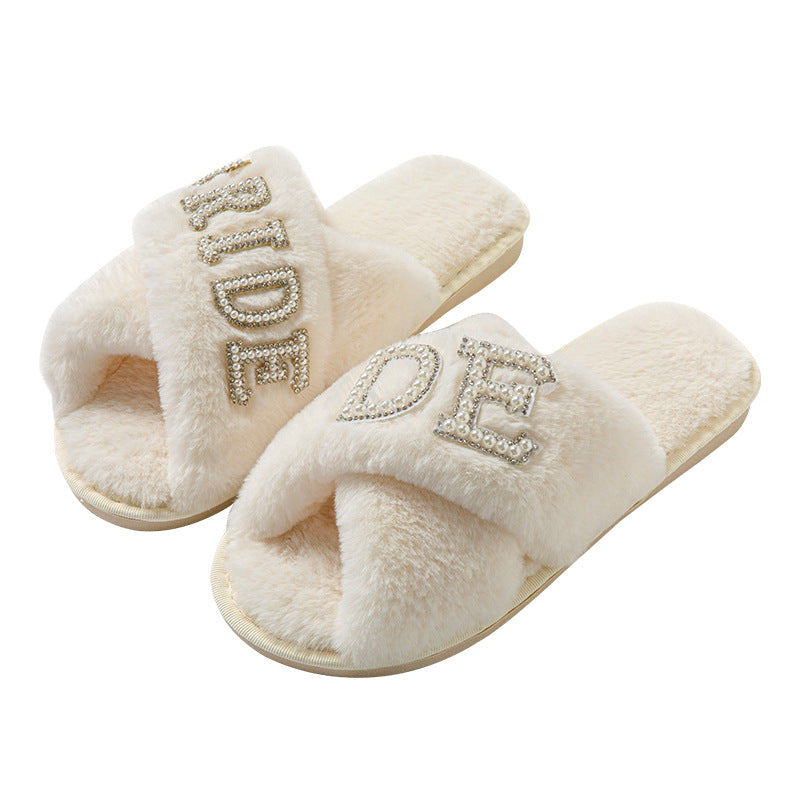 Cross-Border Popular Pearl Letters Bride Bridal Cross Fur Slippers Bachelor Party Wedding Plush Slippers for Women