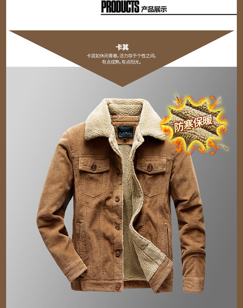 Lamb Velvet Jacket Men's Autumn and Winter Thickeneded Cotton Outwear Corduroy Workwear Cotton Jacket Fleece-Lined Retro Corduroy Jacket