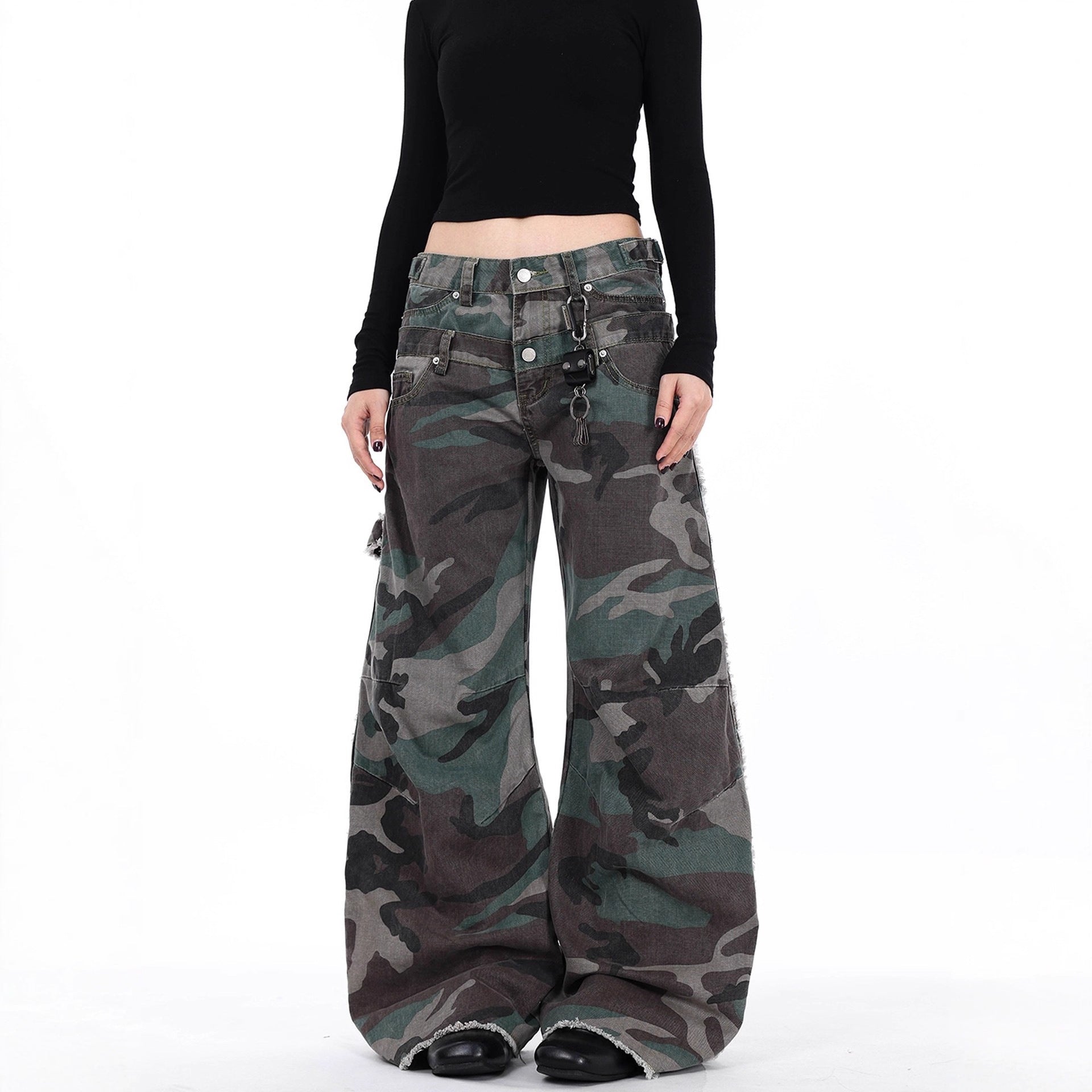 American Retro Design Double Waistband Camouflage Cargo Pants for Men and Women New Deconstructed Loose Wide-Leg Scimitar Jeans