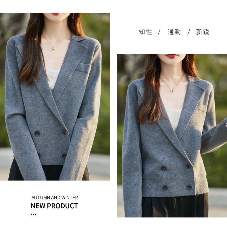 Spring and Autumn Suit Collar Worsted Wool Cardigan Women's Casual Tops Autumn and Winter Cashmere Sweater Top New Style