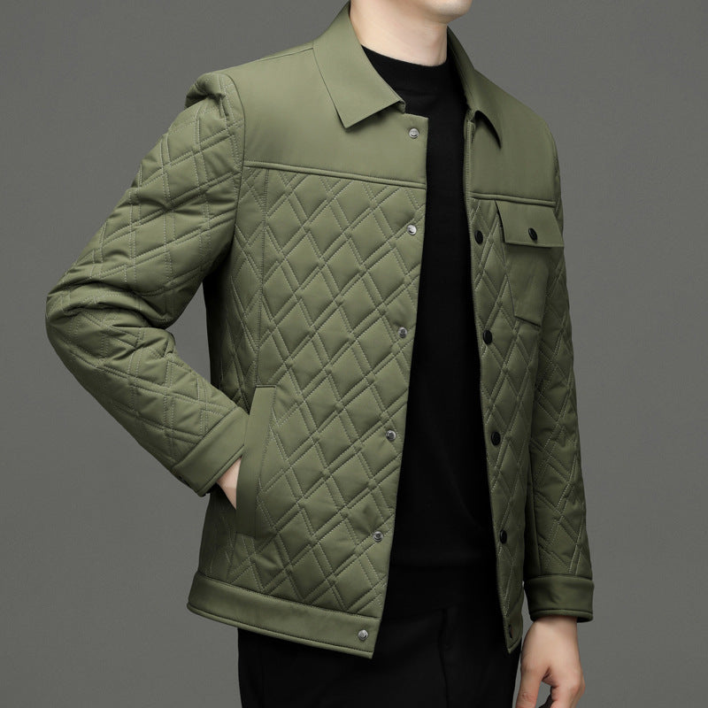 High-end men's mulberry silk cotton-padded coat business casual plaid middle-aged lightweight cotton-padded jacket autumn and winter men's lapel cotton-padded coat