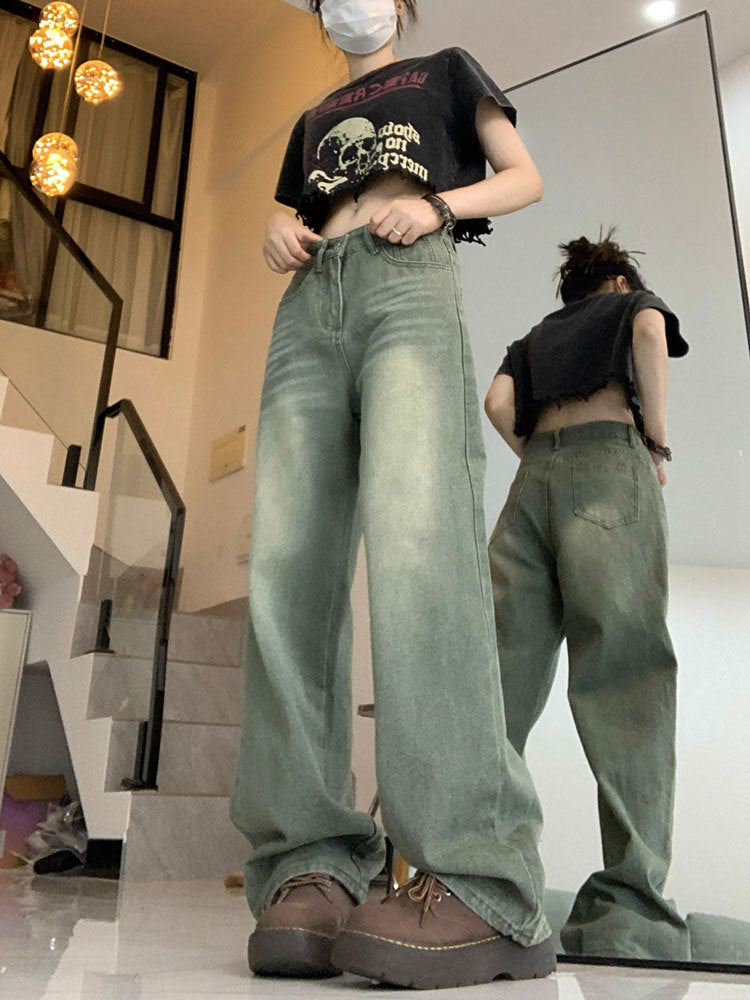 2025 Spring and Autumn Retro American High Waist Slim Straight-Leg Jeans Fashion Women's Loose Floor-Length Wide Leg Long Pants