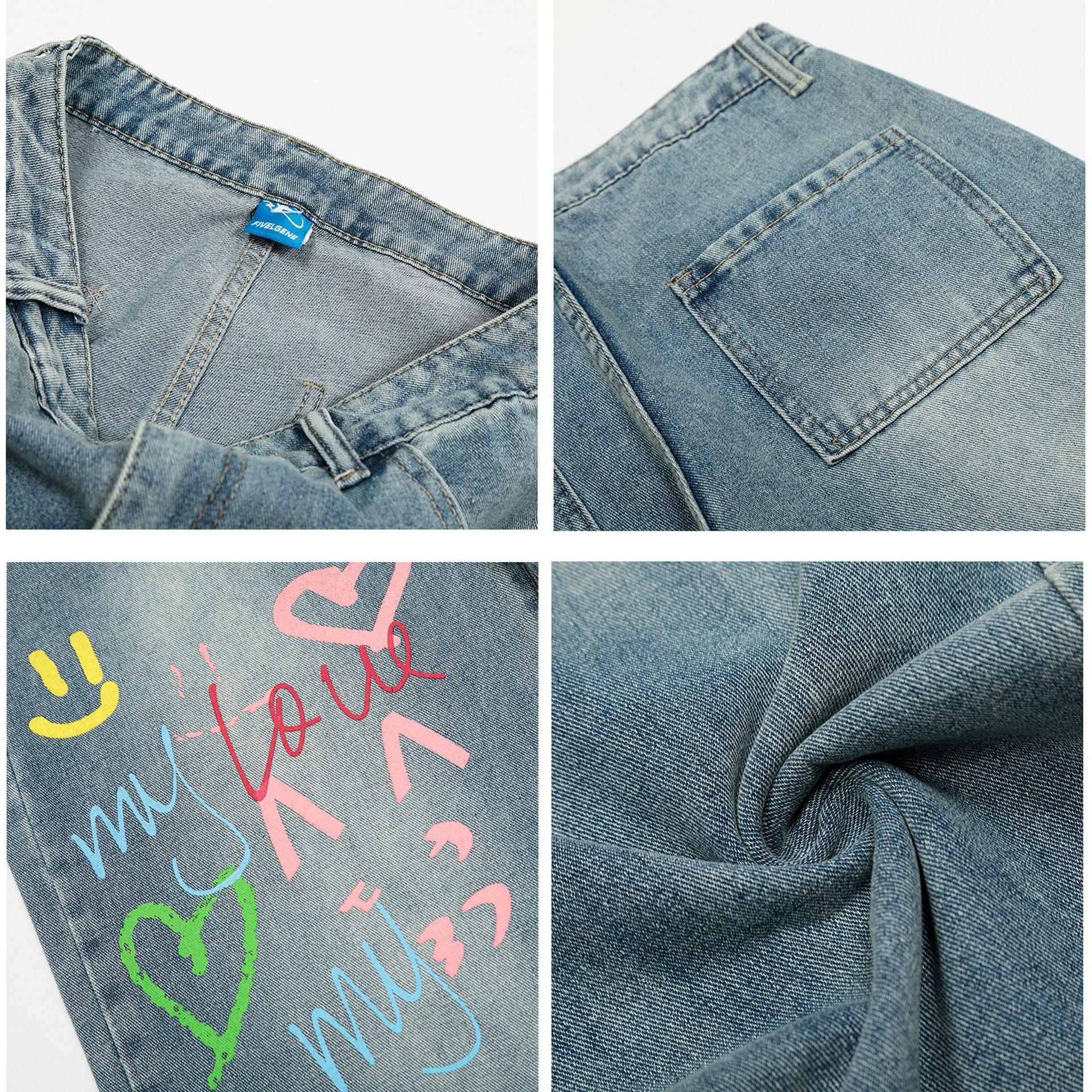 American Retro Niche Graffiti Washed Jeans for Women 2025 New Loose Straight High-Waisted Street Casual Pants