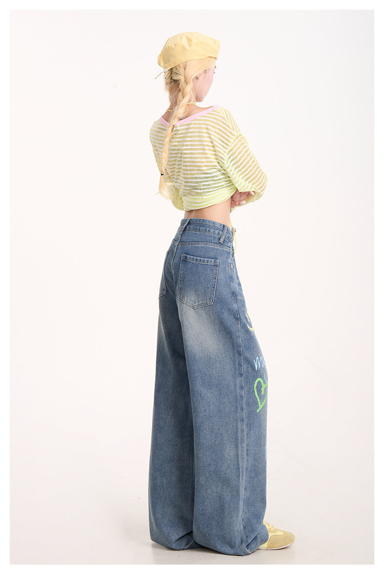 American Graffiti Print Jeans for Women, Trendy Retro Washed Straight Pants, Loose Casual Drape Versatile Casual Pants
