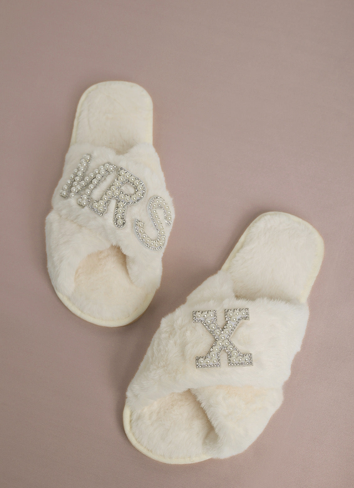 Cross-Border Popular Pearl Letters Bride Bridal Cross Fur Slippers Bachelor Party Wedding Plush Slippers for Women