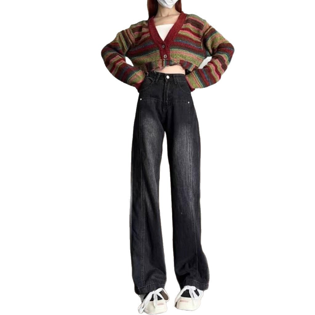 American Retro Black Jeans for Women 2025 Autumn and Winter Fleece-Lined Loose Slimming Look High Waist Straight Wide Leg Floor Mopping Pants