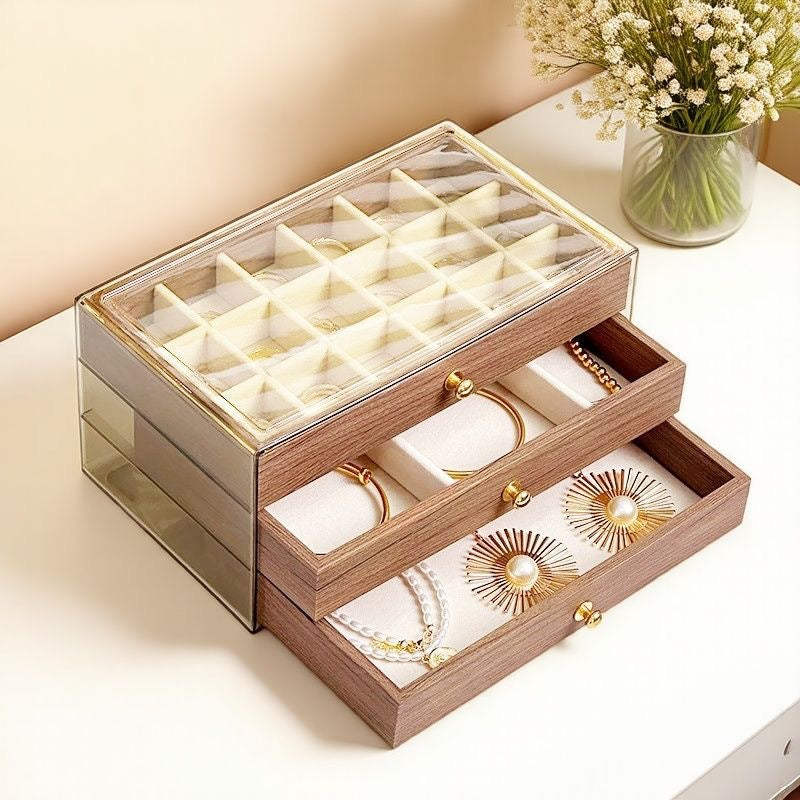 Jewelry Storage Box, High-End and Exquisite Walnut Grain Ring, Necklace, Earrings, Earrings, Multi-Layer Large-Capacity Hand Jewelry Box