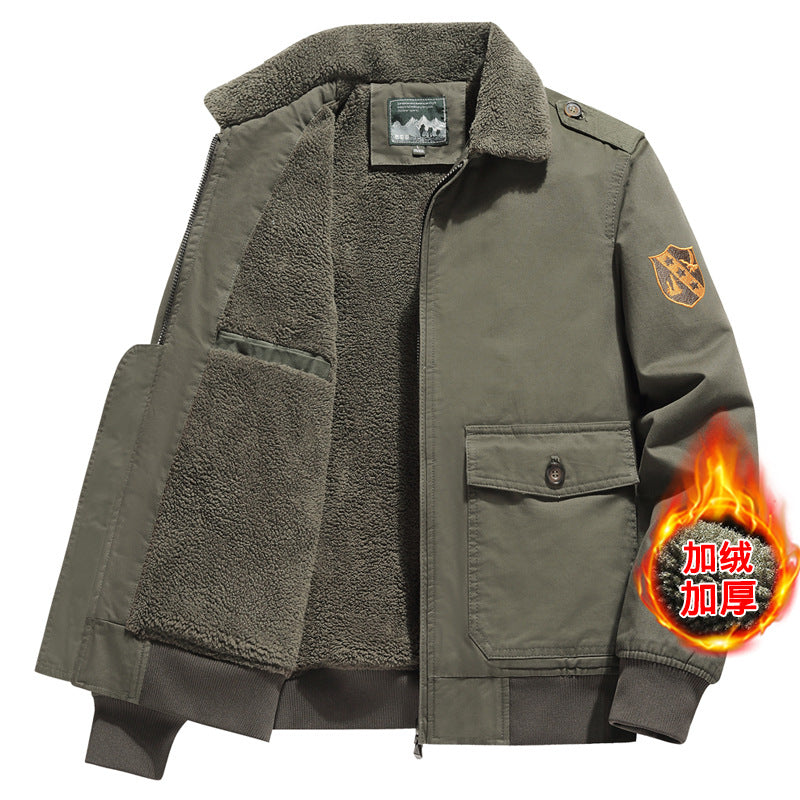 New Lamb Wool Jacket Men's Winter Thickened Wool Collar fleece-lined Overalls Cotton-padded Jacket Men's Jacket Casual Cotton-padded Jacket Aviator