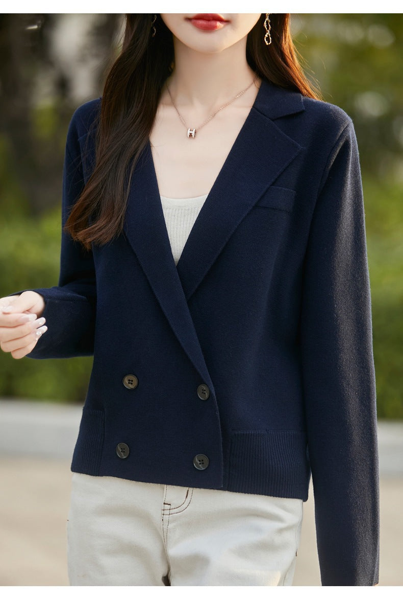 Spring and Autumn Suit Collar Worsted Wool Cardigan Women's Casual Tops Autumn and Winter Cashmere Sweater Top New Style
