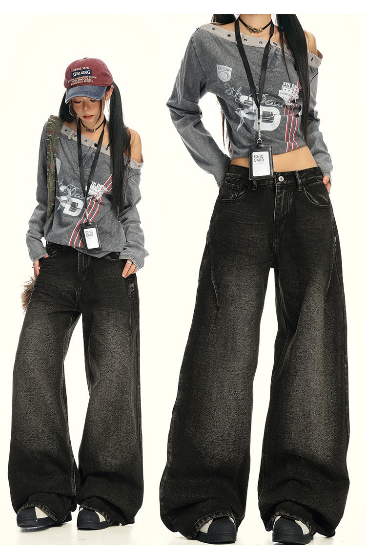 American Retro Wide-Leg Jeans for Women 2025 Early Autumn New Design Distressed Slimming Straight-Leg Floor-Length Pants