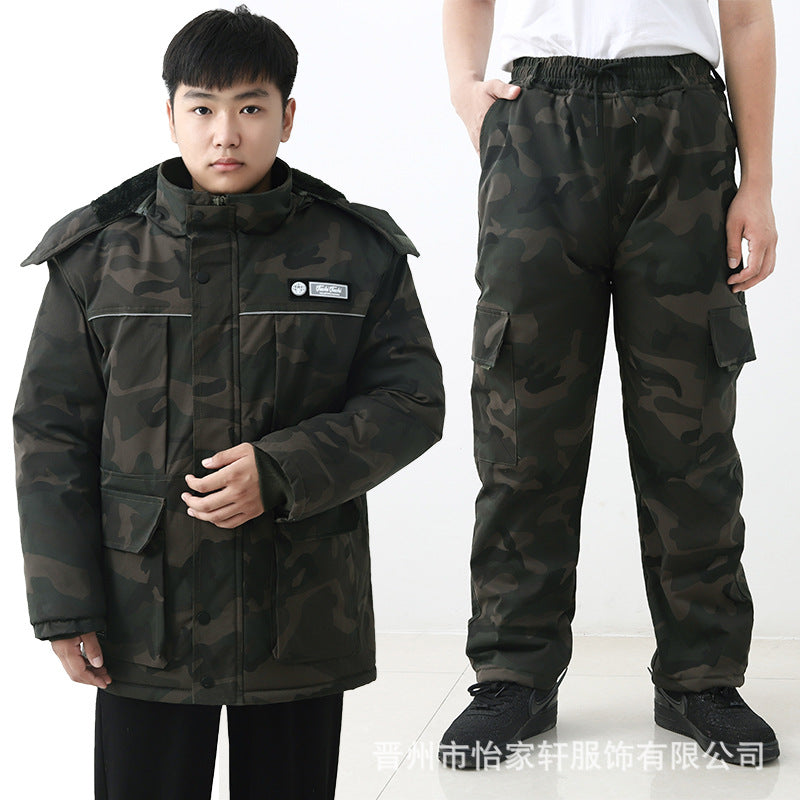 Winter Cotton-Padded Labor Protection Clothing for Men, Fleece-Lined and Thickeneded Cotton-Padded Jacket and Pants Suit, Wear-Resistant and Cold-Proof Camouflage Cotton Coat and Work Clothes