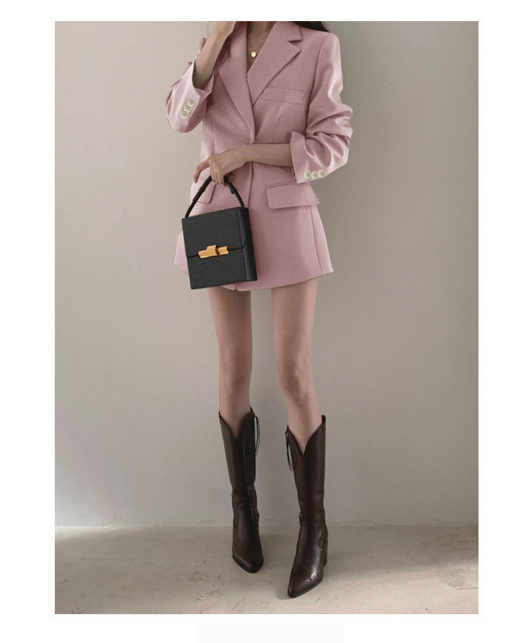 khaki Suit Jacket Women's Spring and Autumn Korean-style Ins Hong Kong-style Retro Top Tight Waist Slimming Mid-length Small Suit