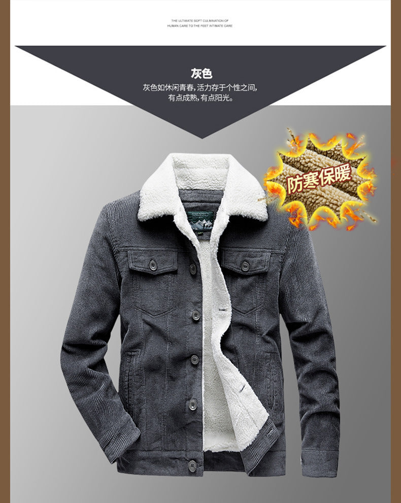 Lamb Velvet Jacket Men's Autumn and Winter Thickeneded Cotton Outwear Corduroy Workwear Cotton Jacket Fleece-Lined Retro Corduroy Jacket