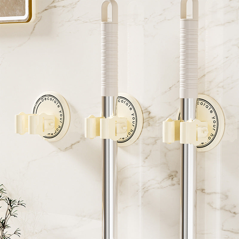 Cream-Colored No-Drill Mop Holder Multifunctional Bathroom Storage Rack Wall-Mounted Water-Draining Mop Organizer