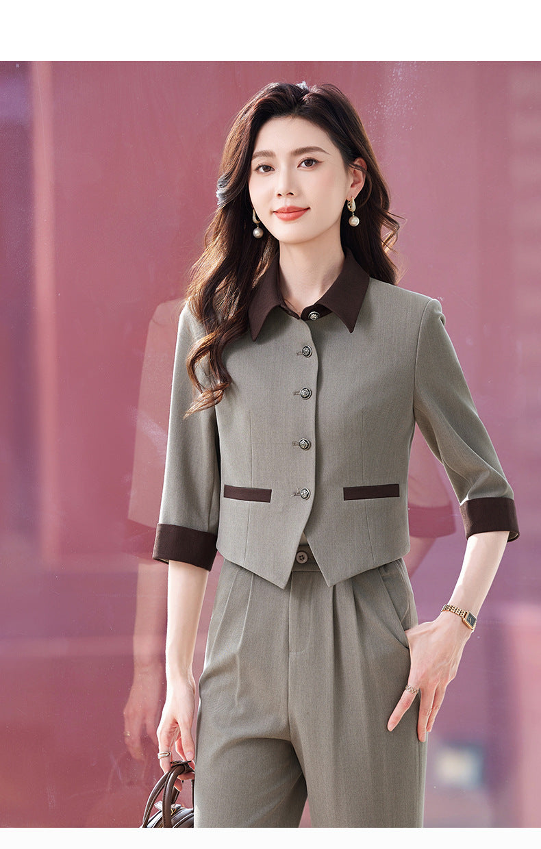 Tweed Style Splicing Jacket with Metal Buckle for Women Spring and Summer New High-End Fashion Doll Collar Elegant Three-Quarter Sleeve Suit