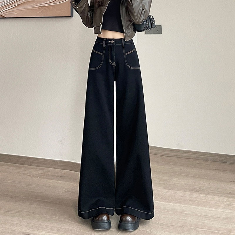 2025 New High-Waisted Black Wide-Leg Jeans for Women, Fashionable and Versatile Spring & Fall Loose Large-Flared Straight Pants