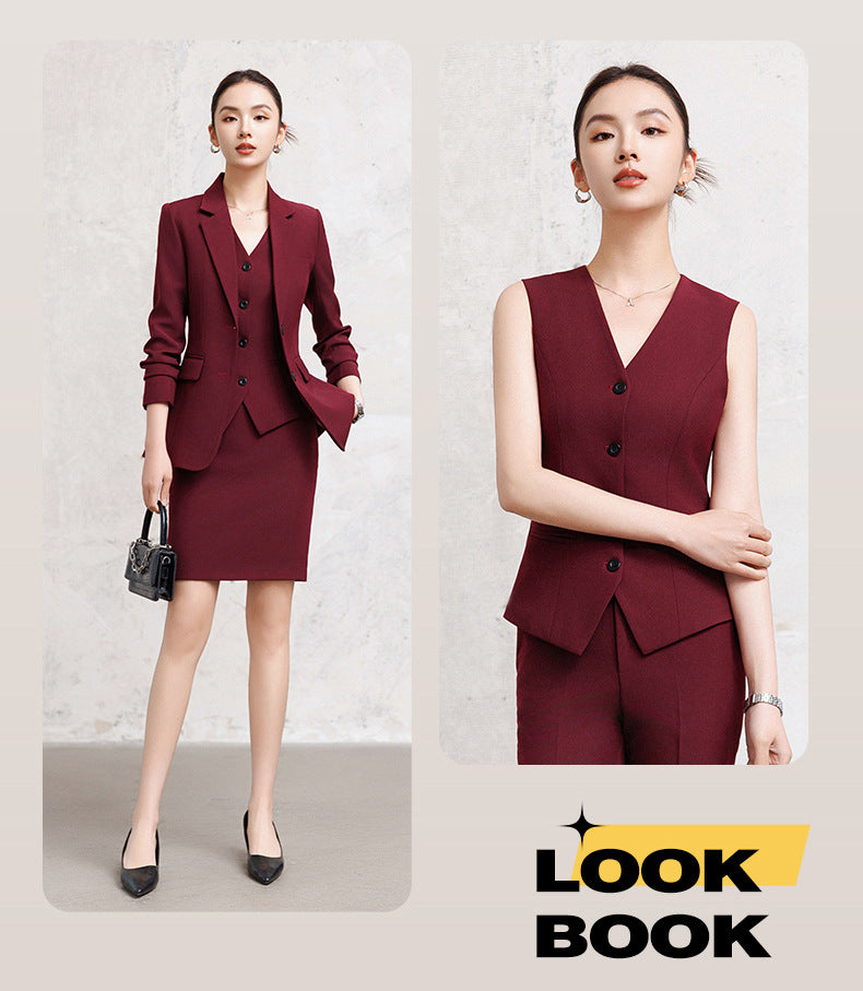 Cross-Border Red Hostess Suit Set for Women, Formal Attire for Broadcast Art Exams, Speech Competitions, Interviews, and News Anchor On-Camera Appearance