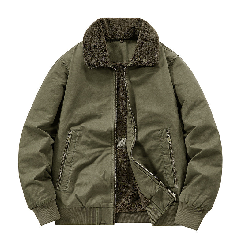 Pure Cotton Autumn and Winter Workwear Lamb Velvet Jacket Middle-Aged and Elderly Men's Jacket Flight Suit Winter Thickeneded Velvet Cotton Jacket