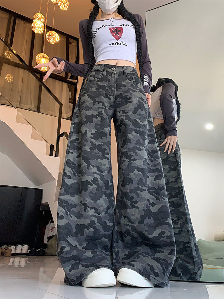 Plus Size Workwear Wide-Leg Camouflage Jeans for Women, Autumn American Style, Loose Retro Drape, Lazy Straight Pants for Chubby Women