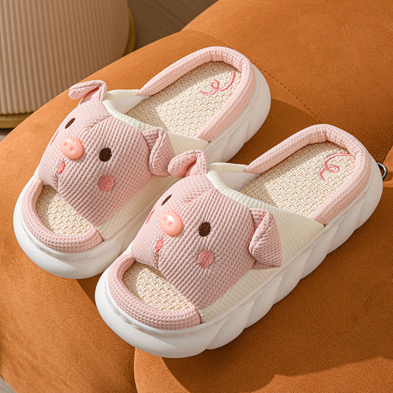 Cross-border Foreign Trade Tail Pig Cute Men and Women Couple Universal Open Toe Linen Cotton Linen Slippers