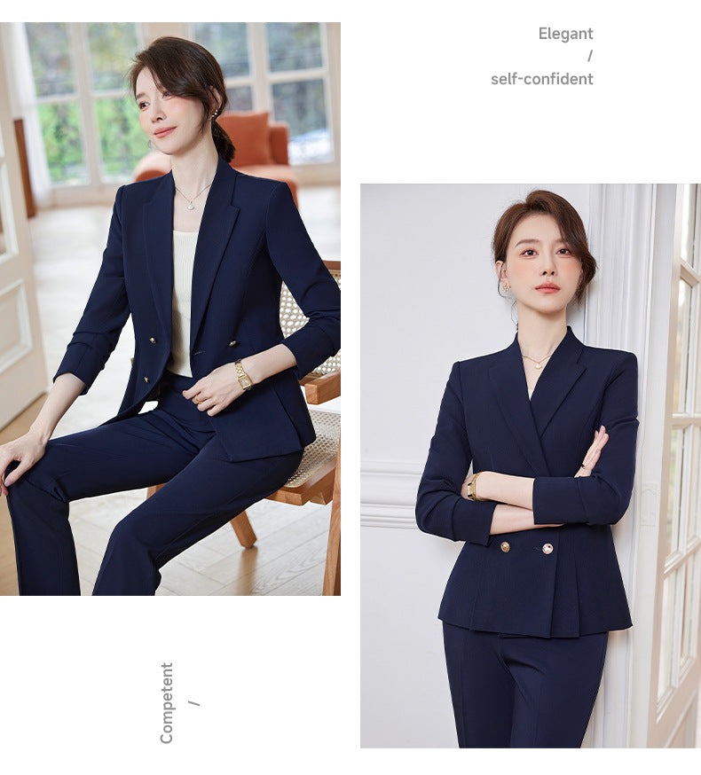 Cross-Border High-End Professional Women's Navy Blue Suit, New Spring and Autumn Style, Elegant Suit Set, Formal Attire for Hotel Sales Managers