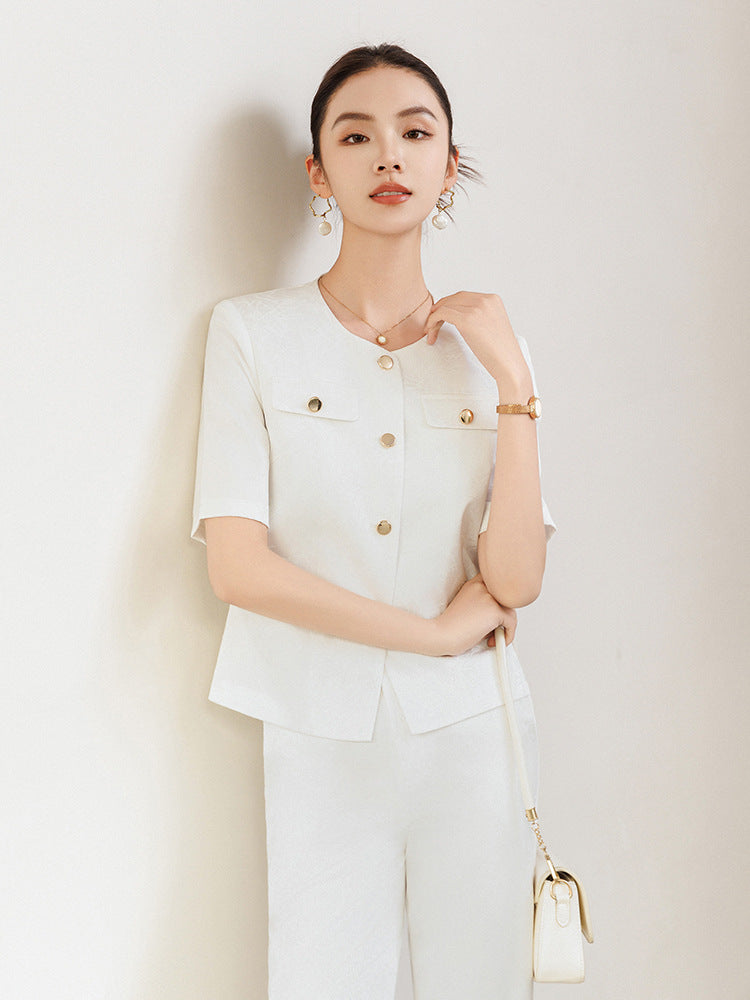 Summer Suit for Women, Thin, High-End, Professional, Fashionable, Short-Sleeved Suit, Wide-Leg Pants Two-Piece Set