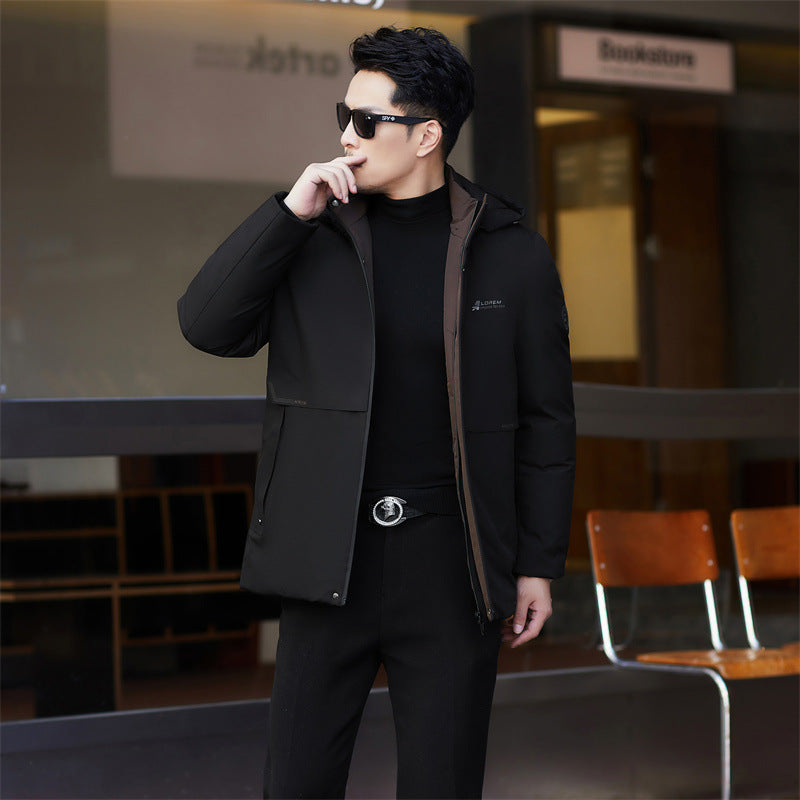 2024 winter new silk cotton-padded jacket casual men's business middle-aged cotton-padded hooded thick warm coat wholesale