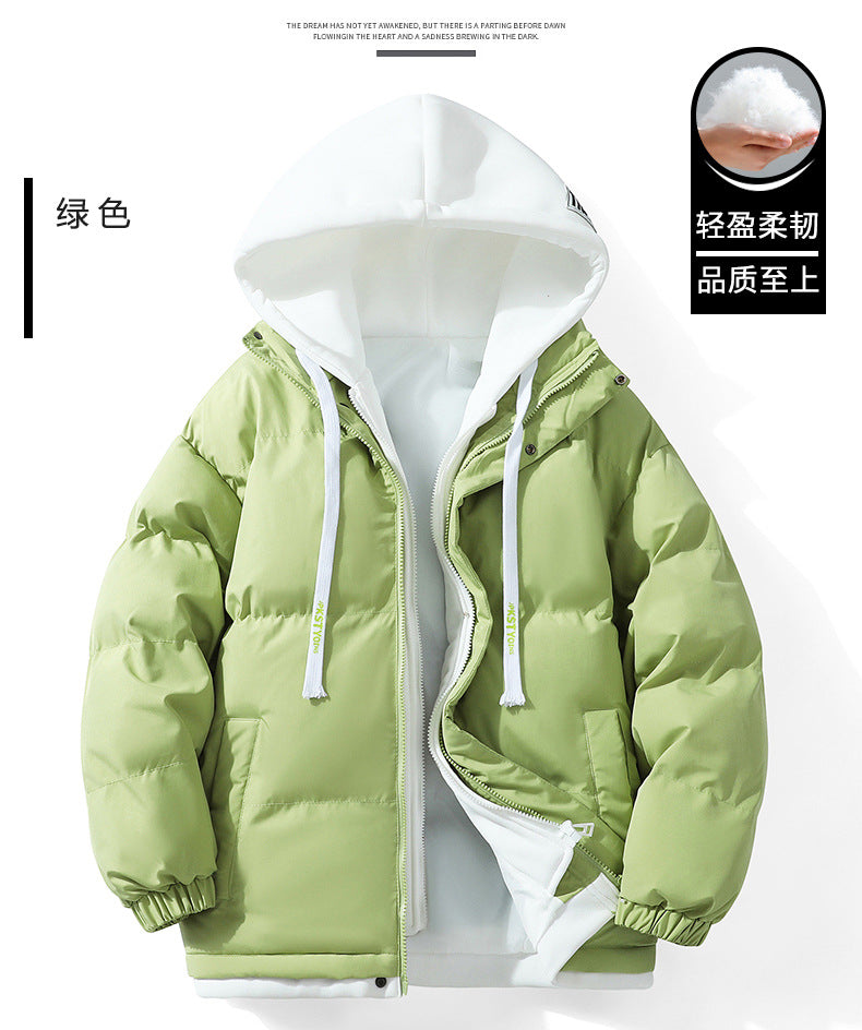 Hooded cotton-padded jacket winter thick warm couple's bread suit loose trend fake two-piece cotton-padded jacket men's hooded coat