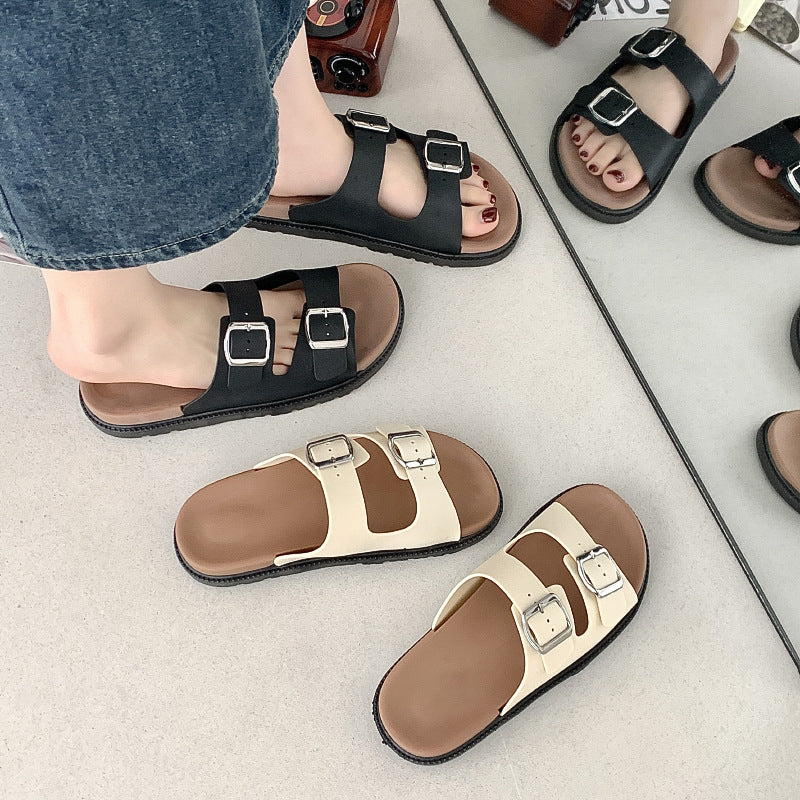 Double-strap Thick-soled Sandals and Slippers Women's New Flat-soled Shops with Square Buckle Korean Style Outer Wear All-match Roman Foreign Trade Beach Shoes
