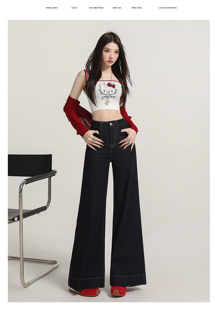Retro American Style Denim Blue Flared Jeans for Women 2025 Autumn New Slimming Versatile Bootcut Pants
