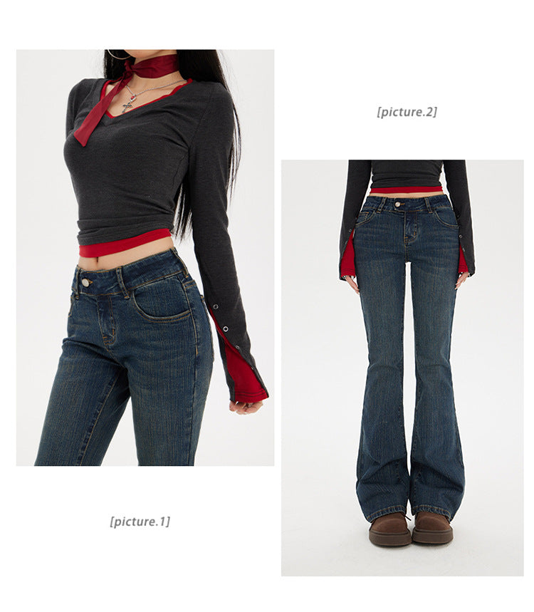 American Hot Girl Low-Waist Bootcut Jeans for Women 2025 Autum New Slim Fit Elastic Slimming Look Horseshoe Flared Pants