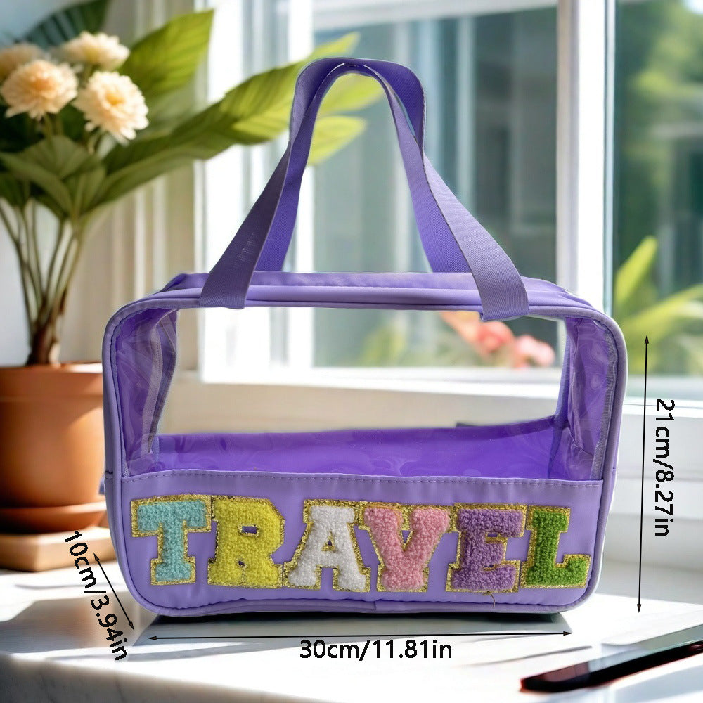 Amazon Cross Border Transparent PVC Handbag Embroidered Letters Storage Bag Large Capacity Travel Wash Bag