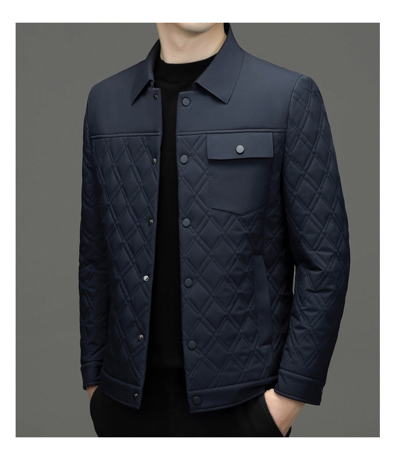 High-end men's mulberry silk cotton-padded coat business casual plaid middle-aged lightweight cotton-padded jacket autumn and winter men's lapel cotton-padded coat