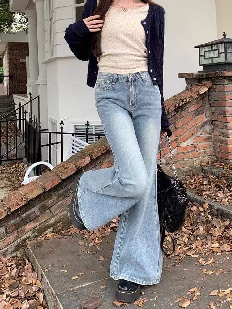 Light Blue Flared Jeans for Women, New Plus Size, Slimming Versatile High-Waisted Wide-Leg Pants with a Stylish Design