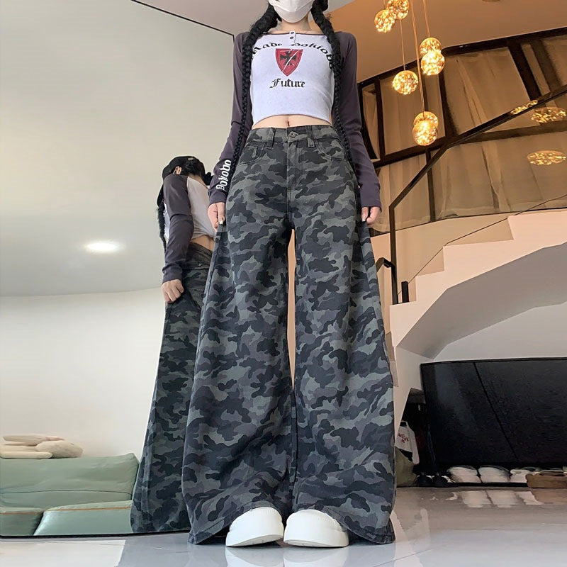 Plus Size Workwear Wide-Leg Camouflage Jeans for Women, Autumn American Style, Loose Retro Drape, Lazy Straight Pants for Chubby Women