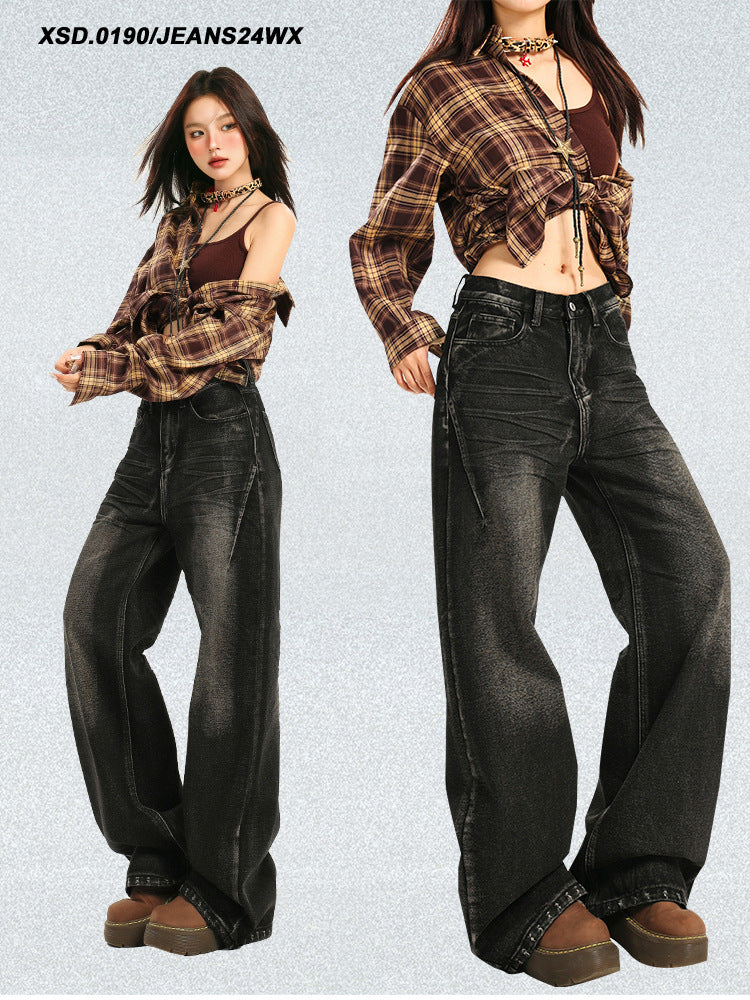 American Large Size Retro Black and Gray Jeans for Women Spring and Autumn New High-Waist Slim Straight Loose Wide-Leg Floor-Length Trousers