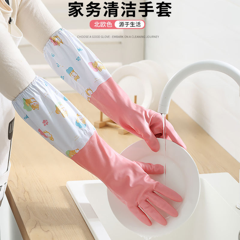 Winter Thickened fleece-lined Women's Waterproof Household Dishwashing Brush Bowl Kitchen Housework Gloves Washing Clothes Durable Latex Rubber