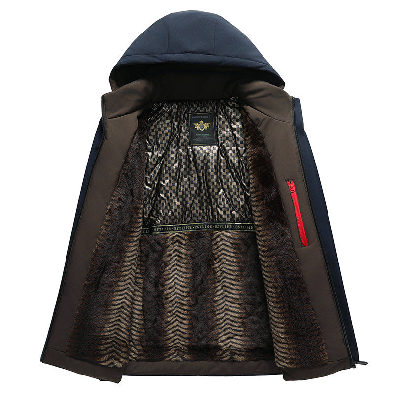 Middle-aged and elderly cotton-padded jacket 2024 winter middle-aged men's fleece-lined hooded jacket business leisure warm cotton-padded jacket